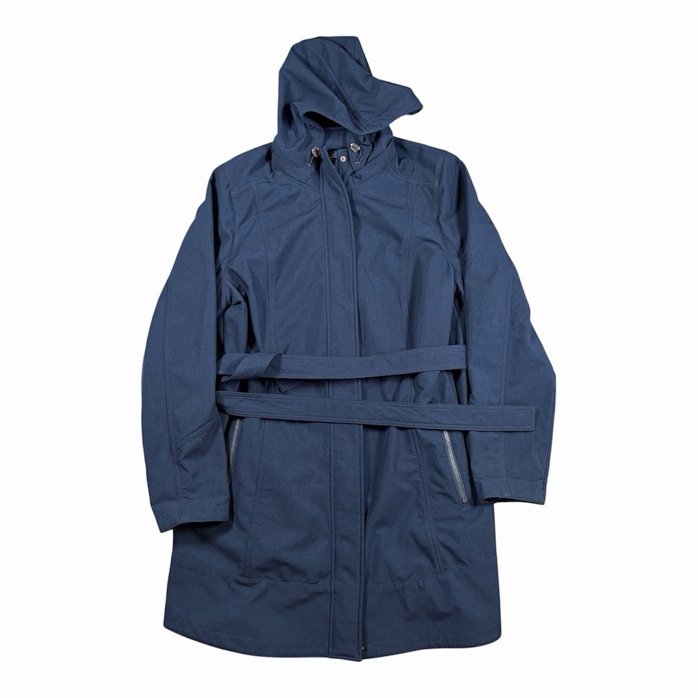 Pendleton Women's Navy Blue Hooded Fleece Lined Barn Rain Jacket XL Belted EUC